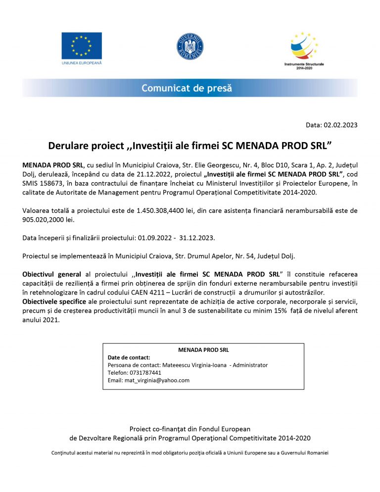 Comunicat de presă SC MENADA PROD SRL
