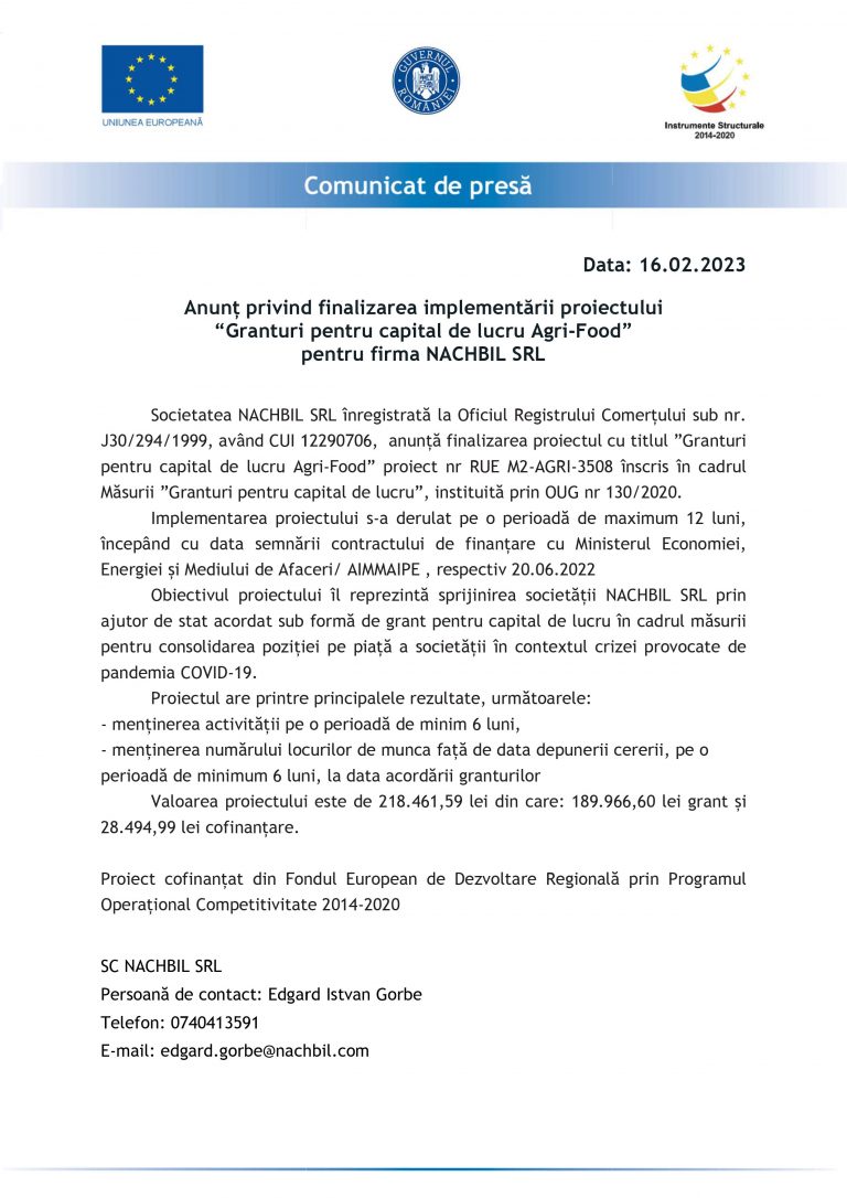 Comunicat de presă NACHBIL SRL
