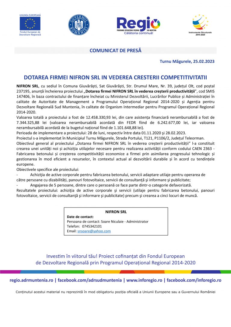 Comunicat de presă NIFRON SRL