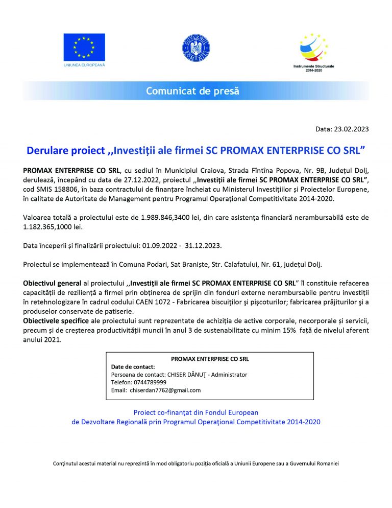 Comunicat de presă PROMAX ENTERPRISE CO SRL