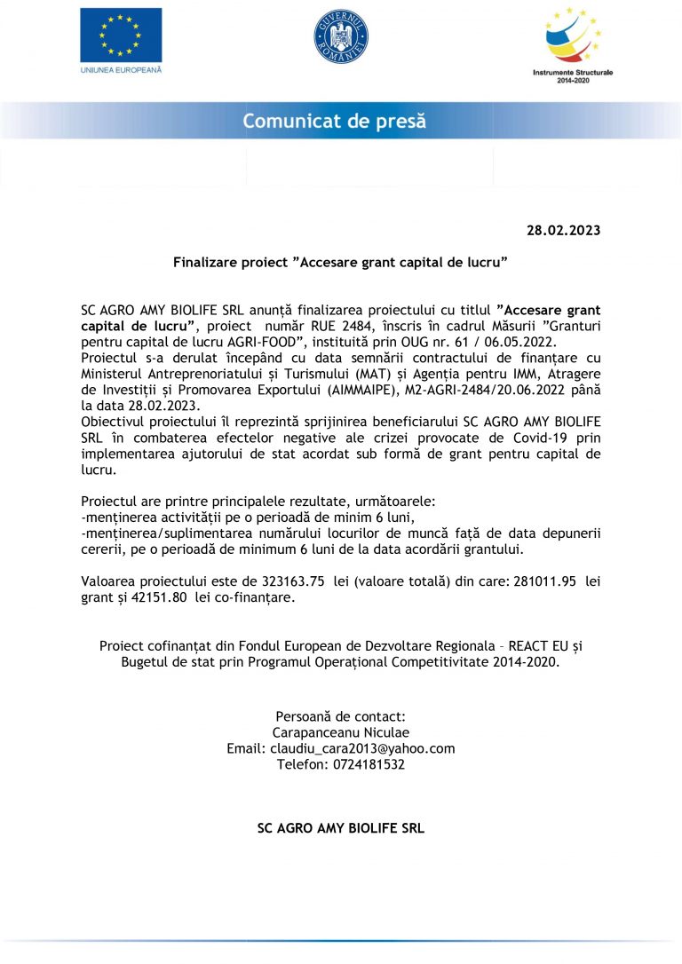 Comunicat de presă SC AGRO AMY BIOLIFE SRL
