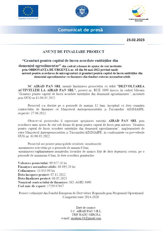 Comunicat de presă SC AIRAD PAN SRL