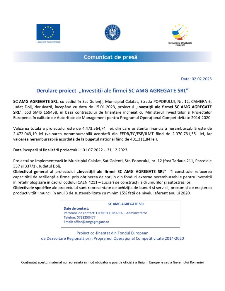 Comunicat de presă SC AMG AGREGATE SRL