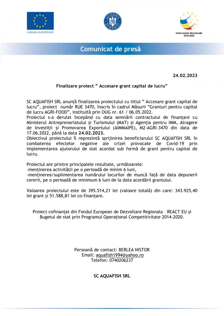 Comunicat de presă SC AQUAFISH SRL