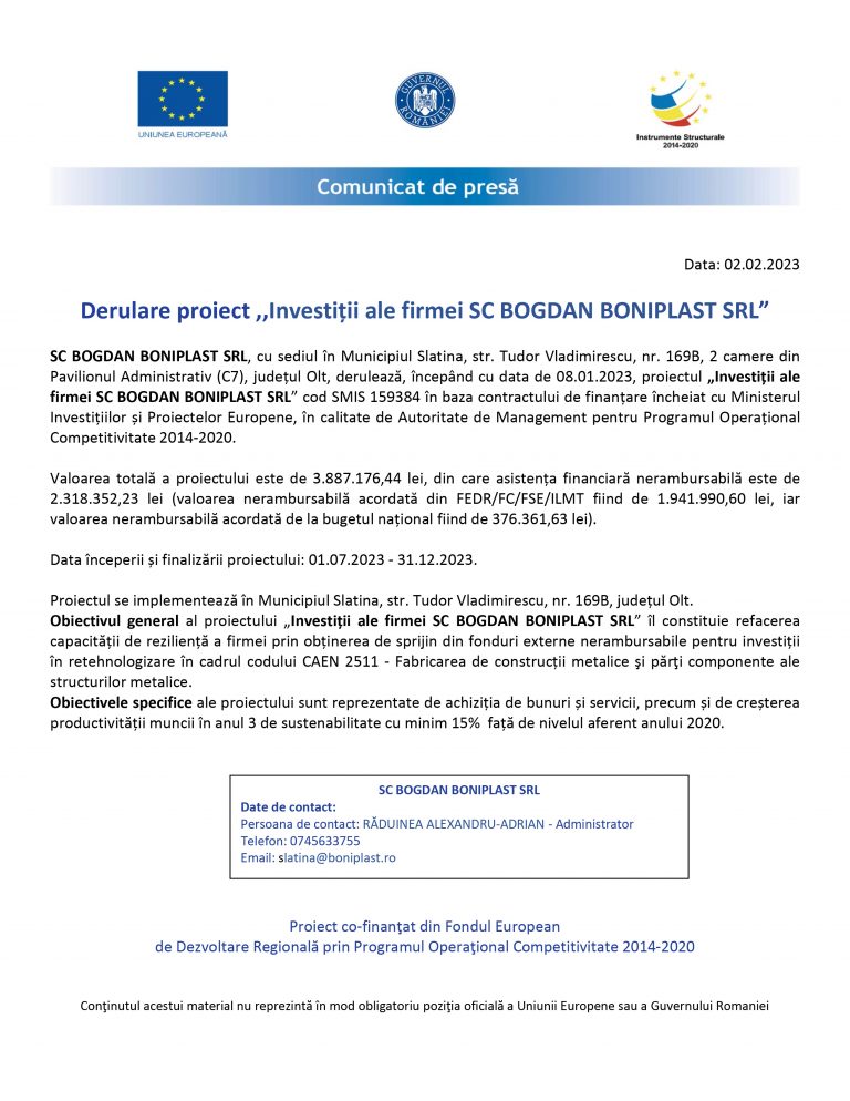 Comunicat de presă SC BOGDAN BONIPLAST SRL