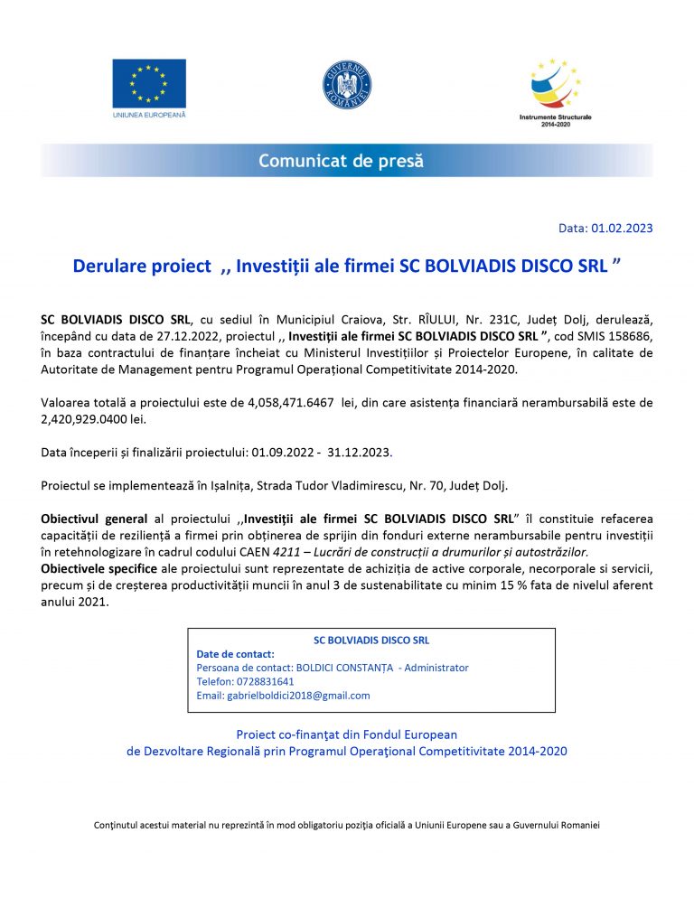 Comunicat de presa SC BOLVIADIS DISCO SRL