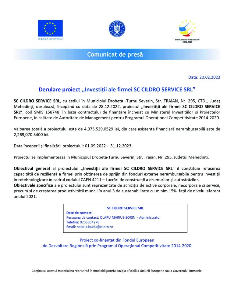 Comunicat de presă SC CILDRO SERVICE SRL