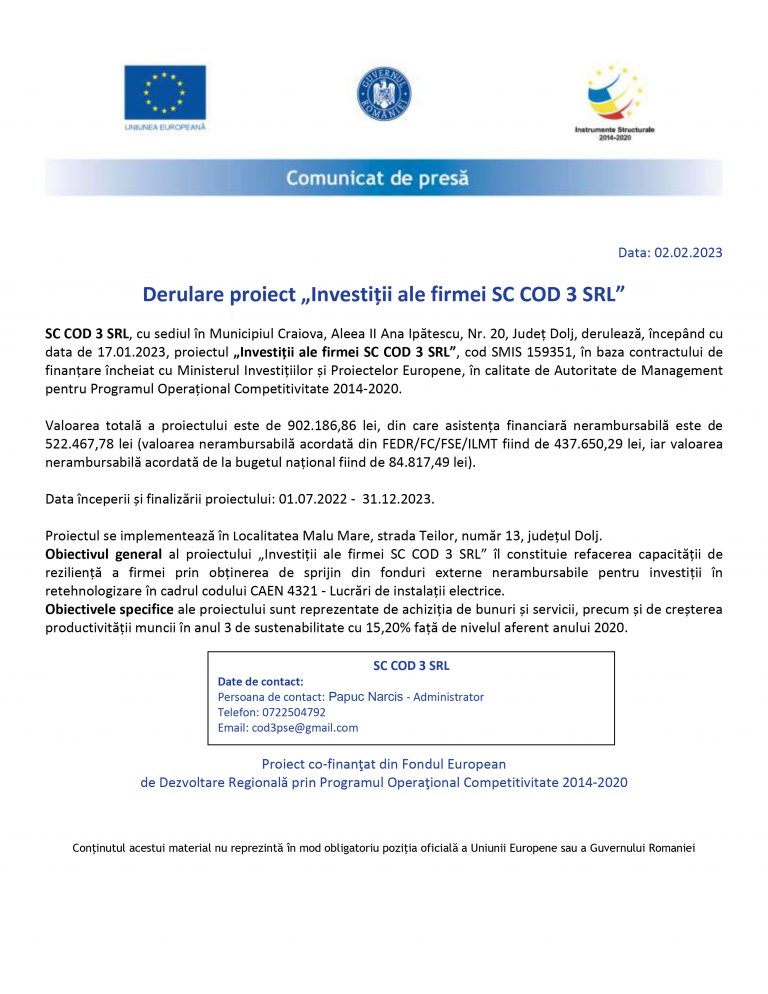 Comunicat de presă SC COD 3 SRL