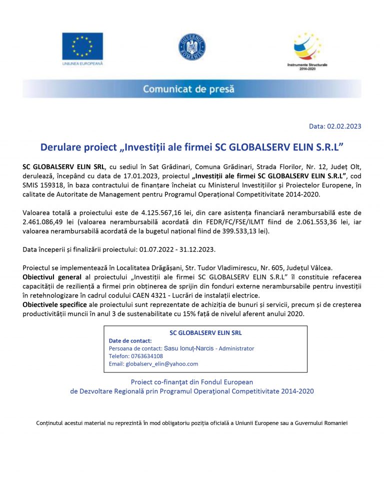 Comunicat de presă SC GLOBALSERV ELIN SRL
