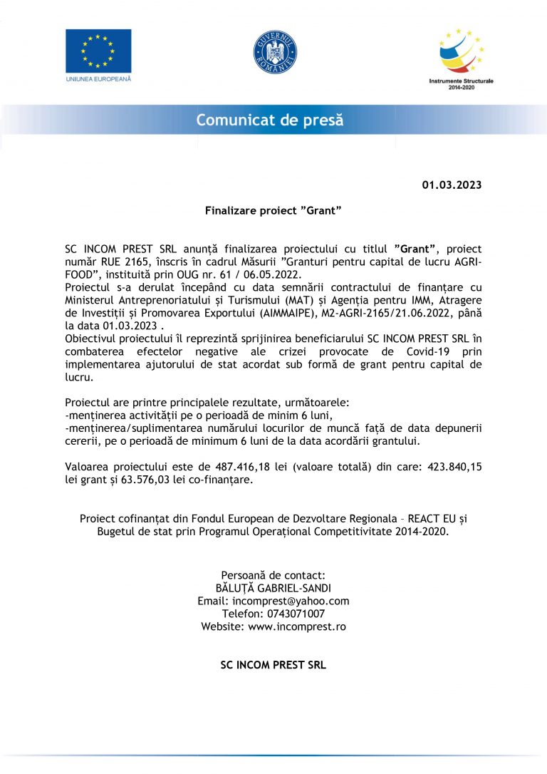 Comunicat de presă SC INCOM PREST SRL