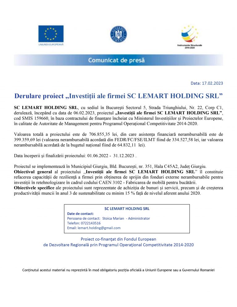 Comunicat de presă SC LEMART HOLDING SRL