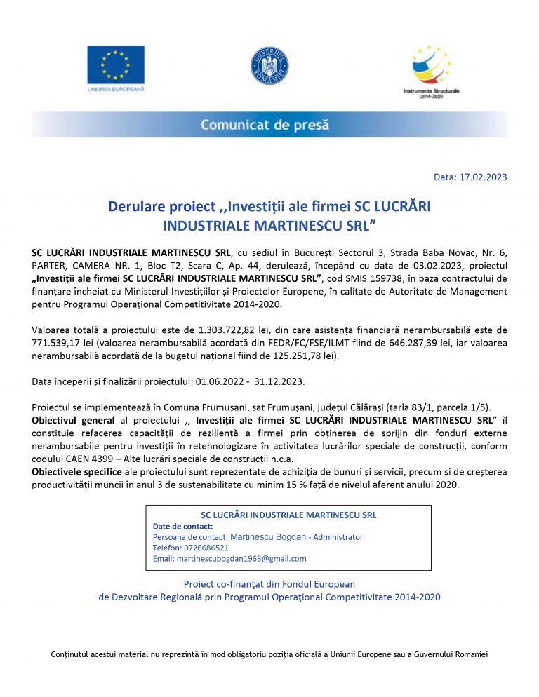 Comunicat de presă SC LUCRĂRI INDUSTRIALE MARTINESCU SRL