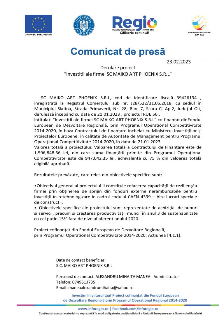 Comunicat de presă SC MAIKO ART PHOENIX S.R.L