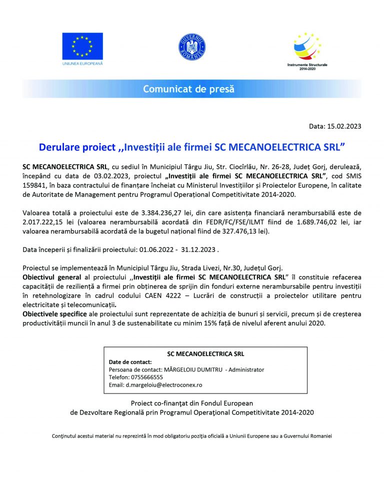 Comunicat de presă SC MECANOELECTRICA SRL