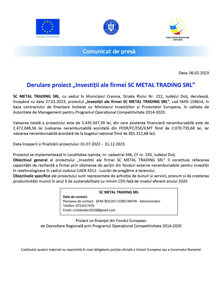 Comunicat de presă SC METAL TRADING SRL