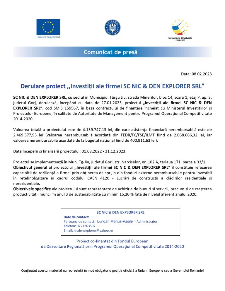 Comunicat de presă SC NIC & DEN EXPLORER SRL