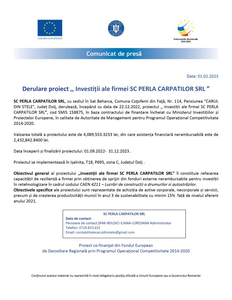 Comunicat de presa SC PERLA CARPATILOR SRL