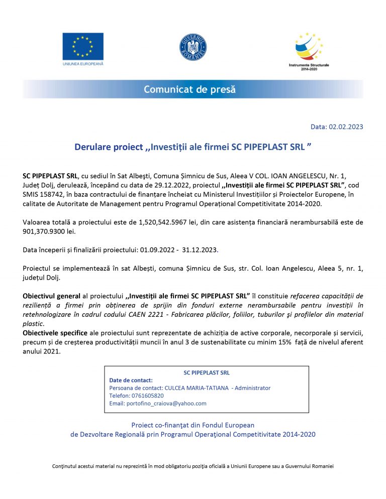 Comunicat de presă SC PIPEPLAST SRL