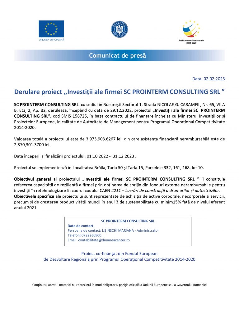 Comunicat de presă SC PROINTERM CONSULTING SRL