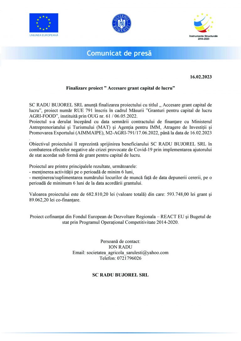 Comunicat de presă SC RADU BUJOREL SRL