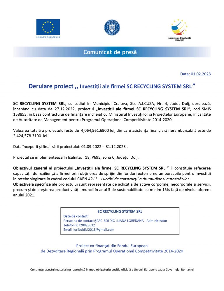 Comunicat de presa SC RECYCLING SYSTEM SRL