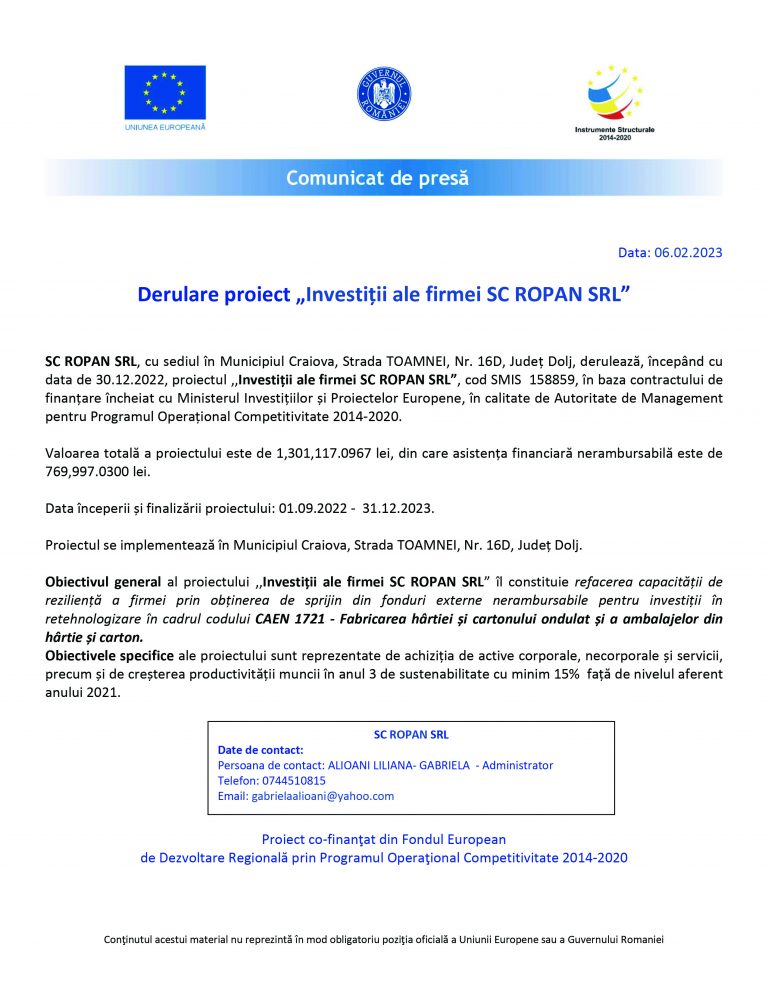 Comunicat de presă SC ROPAN SRL