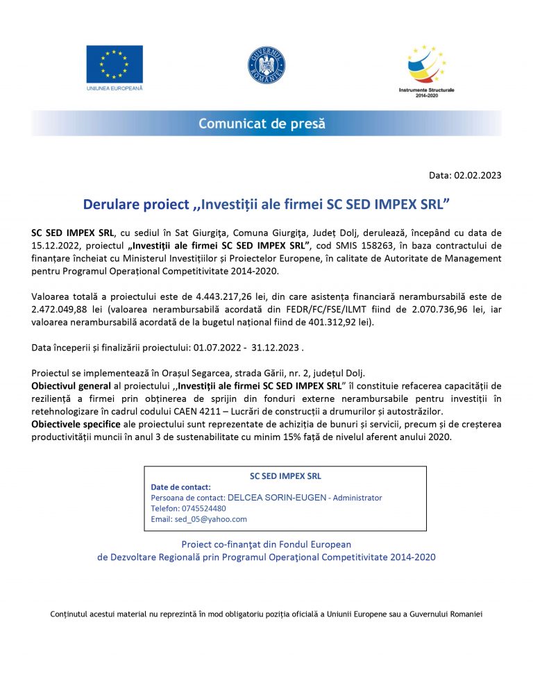 Comunicat de presă SC SED IMPEX SRL