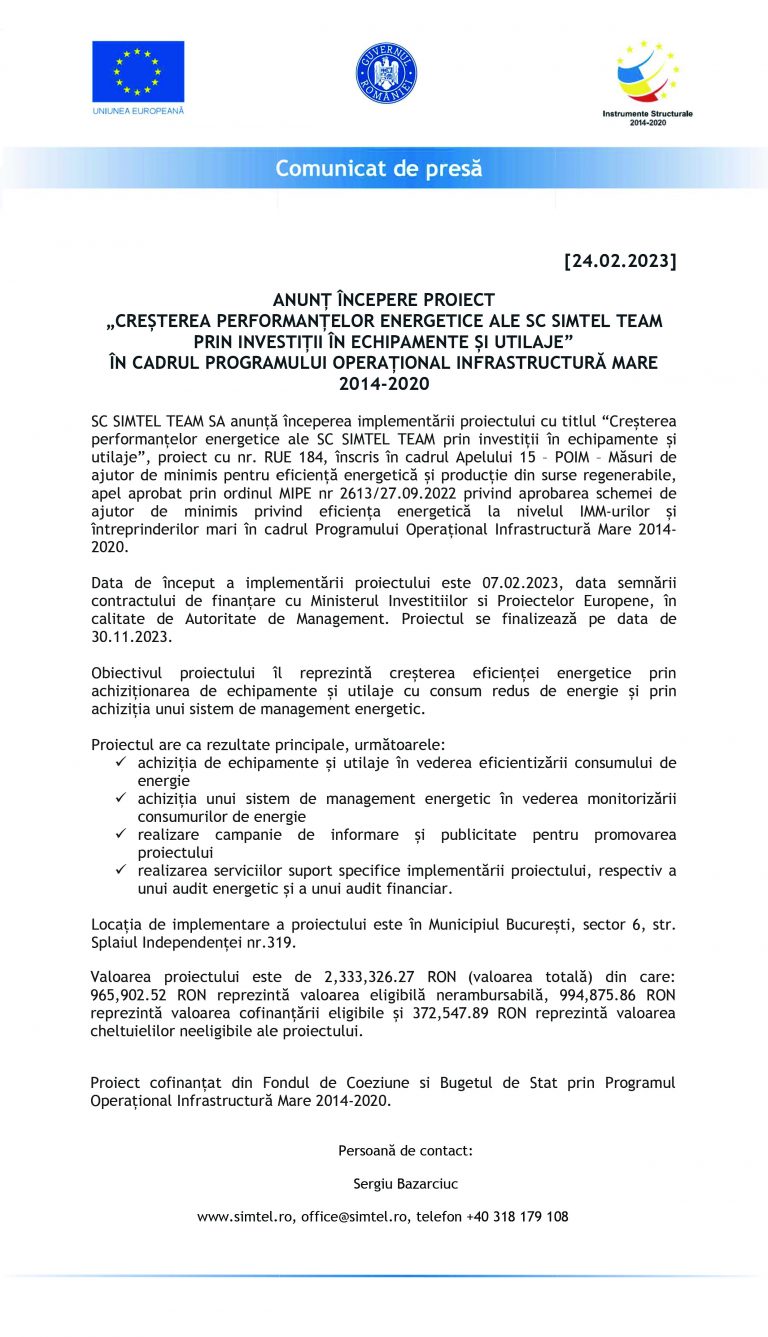 Comunicat de presă SC SIMTEL TEAM SA