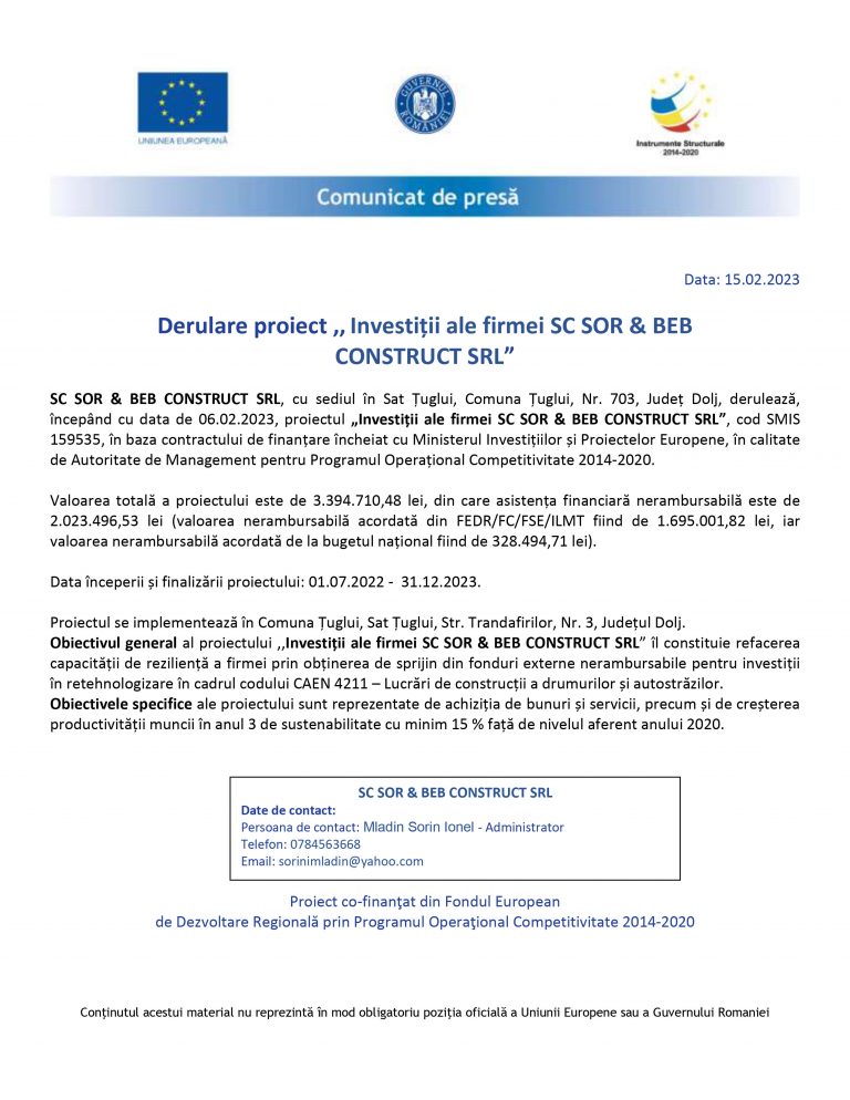 Comunicat de presă SC SOR & BEB CONSTRUCT SRL