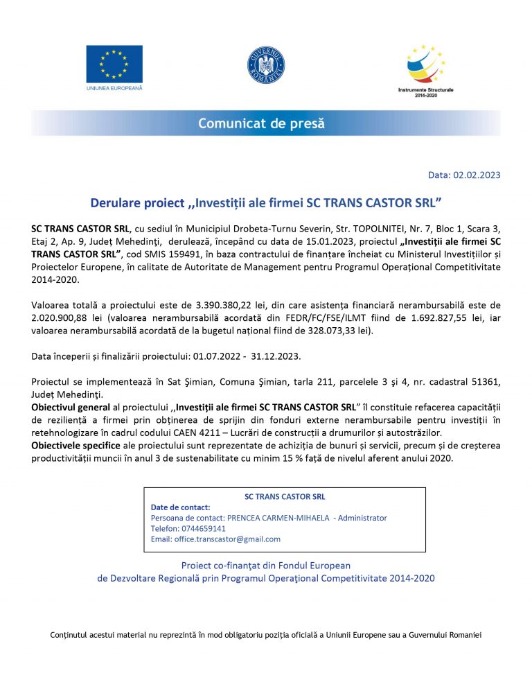 Comunicat de presă SC TRANS CASTOR SRL
