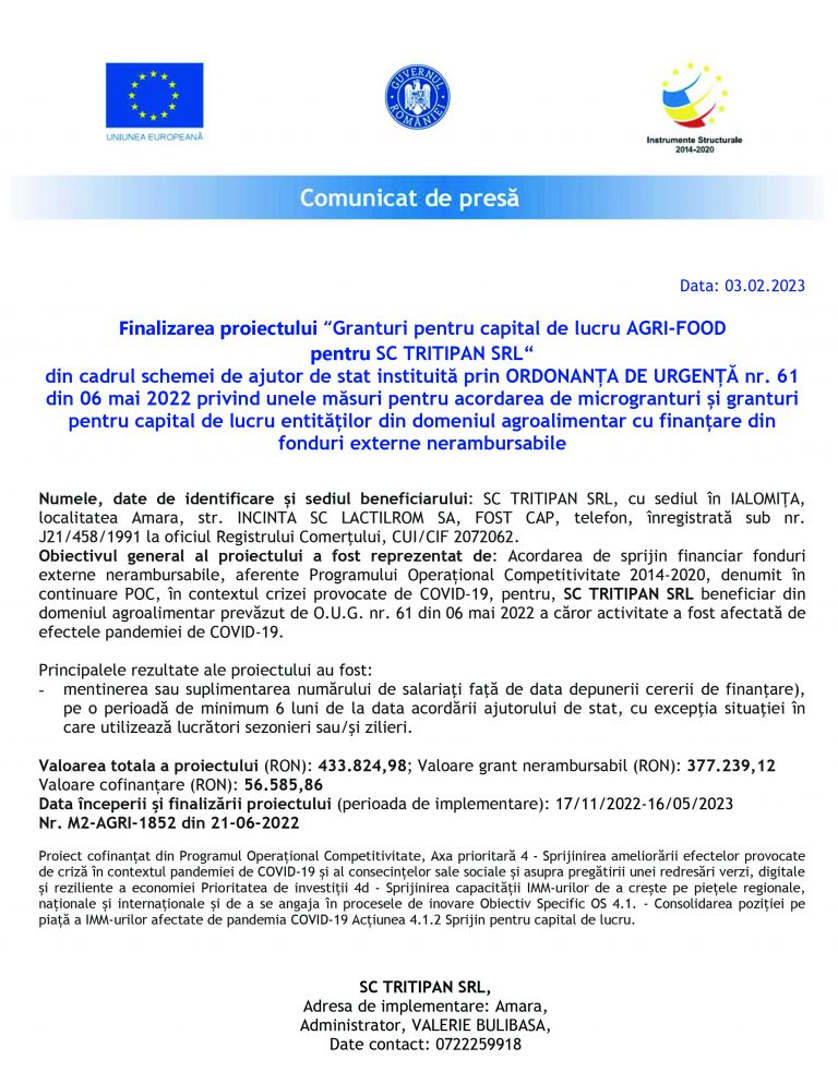 Comunicat de presă SC TRITIPAN SRL