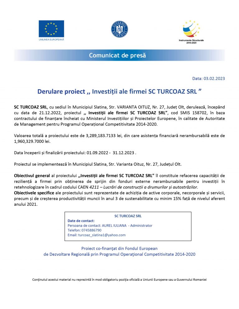 Comunicat de presă SC TURCOAZ SRL