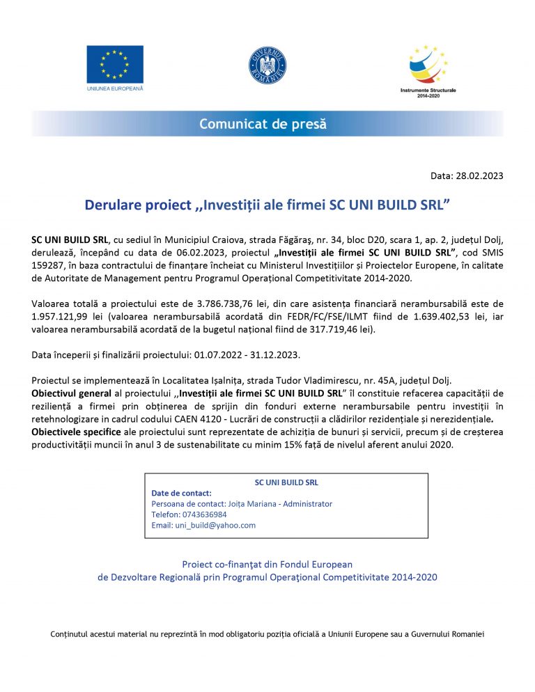 Comunicat de presă SC UNI BUILD SRL