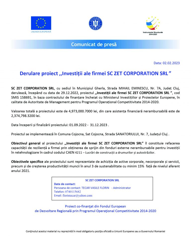 Comunicat de presă SC ZET CORPORATION SRL