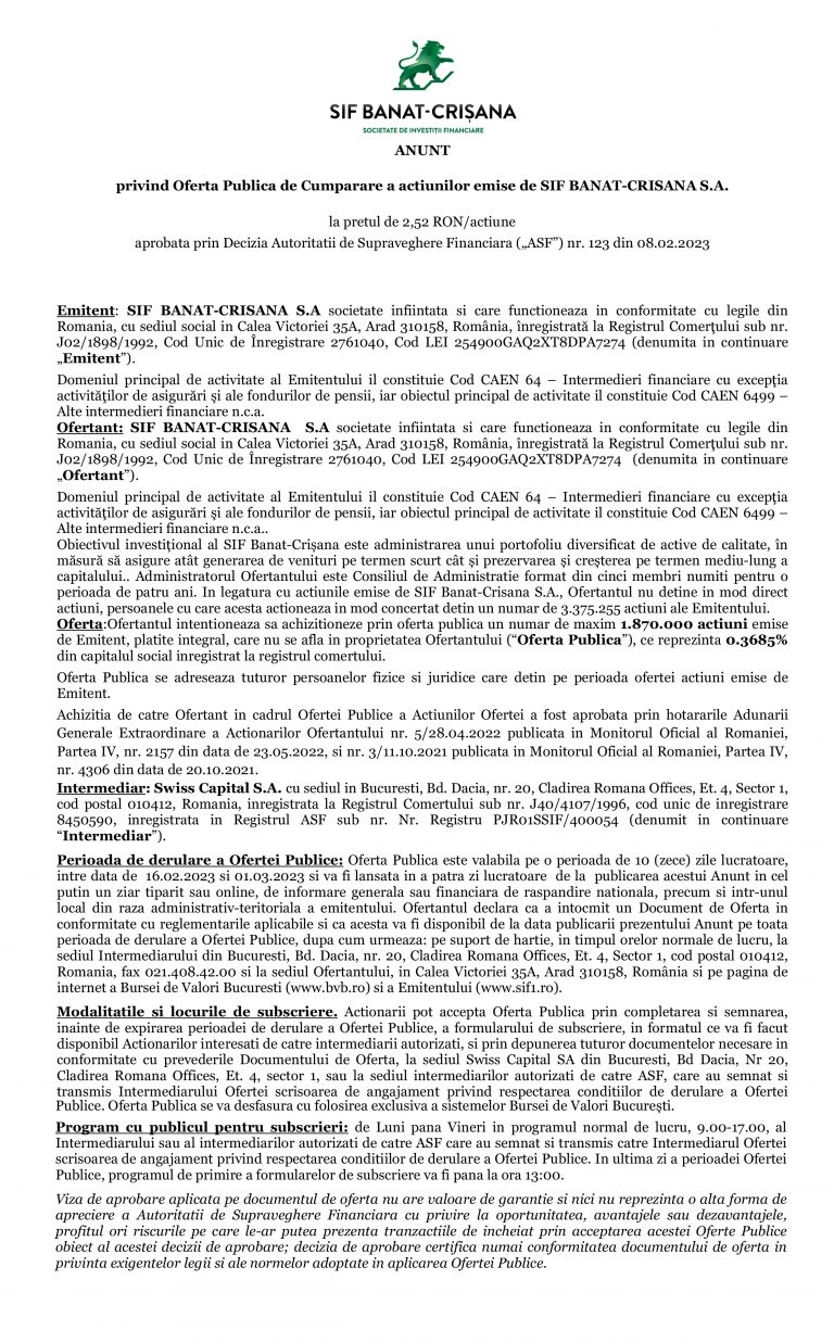 ANUNȚ privind Oferta Publică de Cumpărare a acțiunilor emise de SIF BANAT-CRISANA S.A.