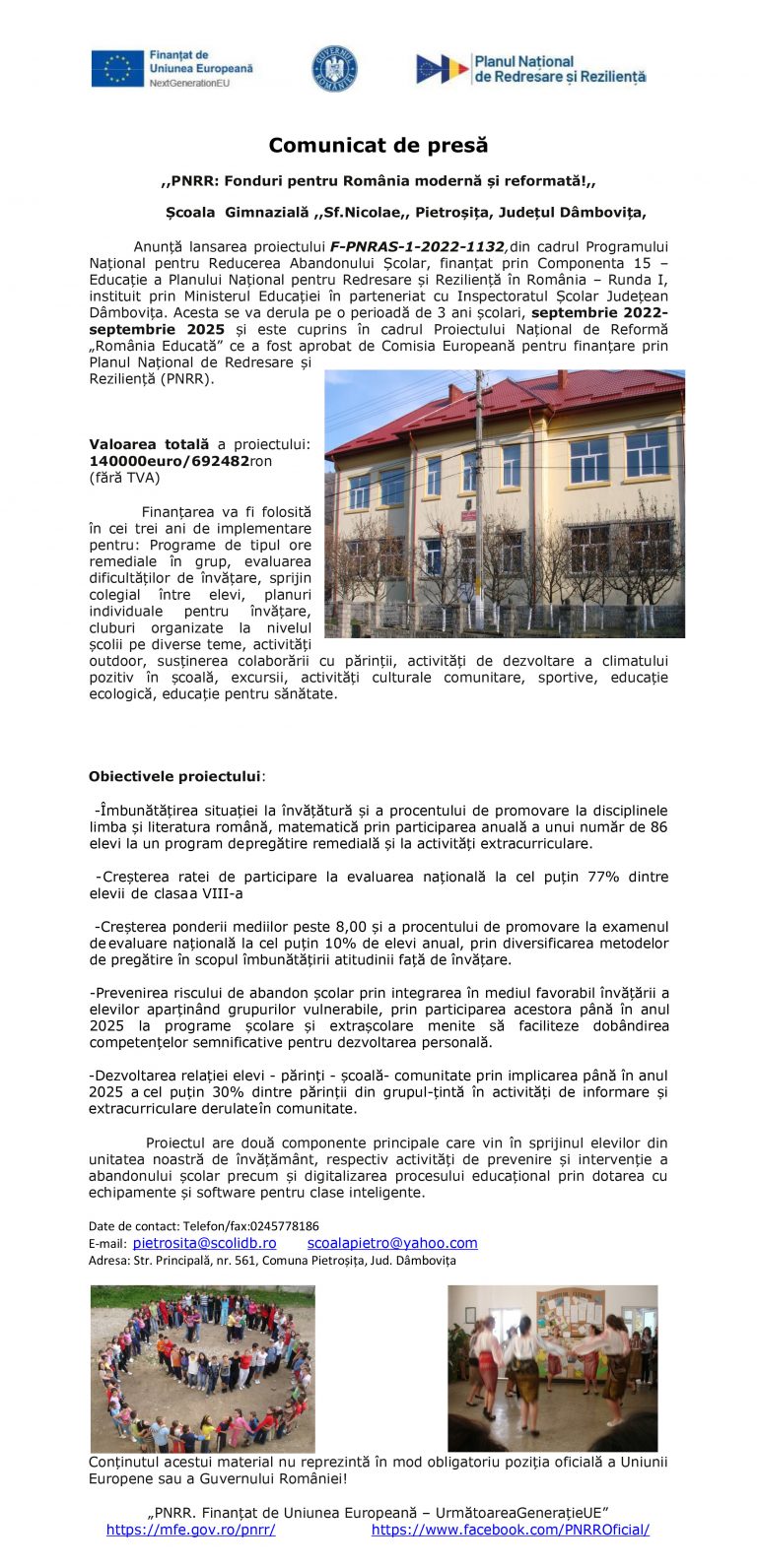 Comunicat de presă Școala  Gimnazială ,,Sf.Nicolae,, Pietroșița, Județul Dâmbovița