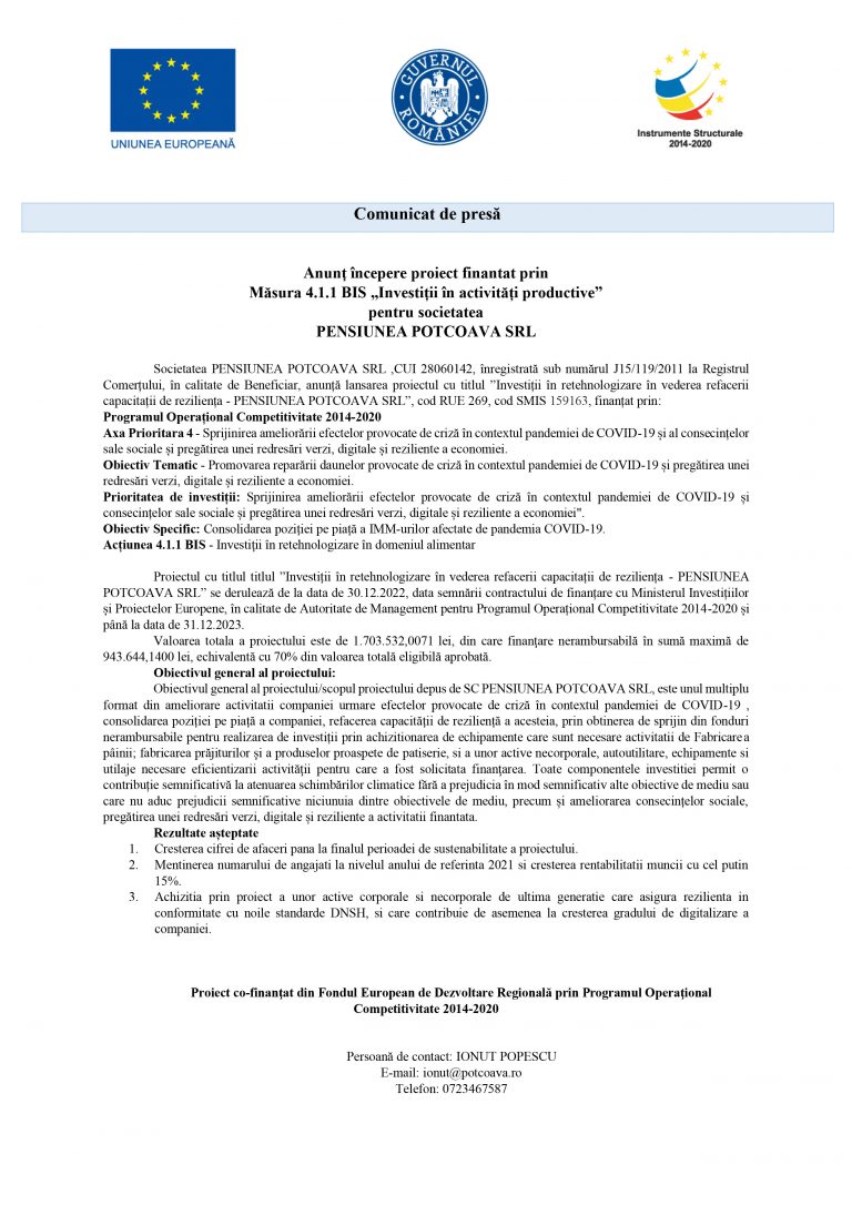 Comunicat de presă PENSIUNEA POTCOAVA SRL