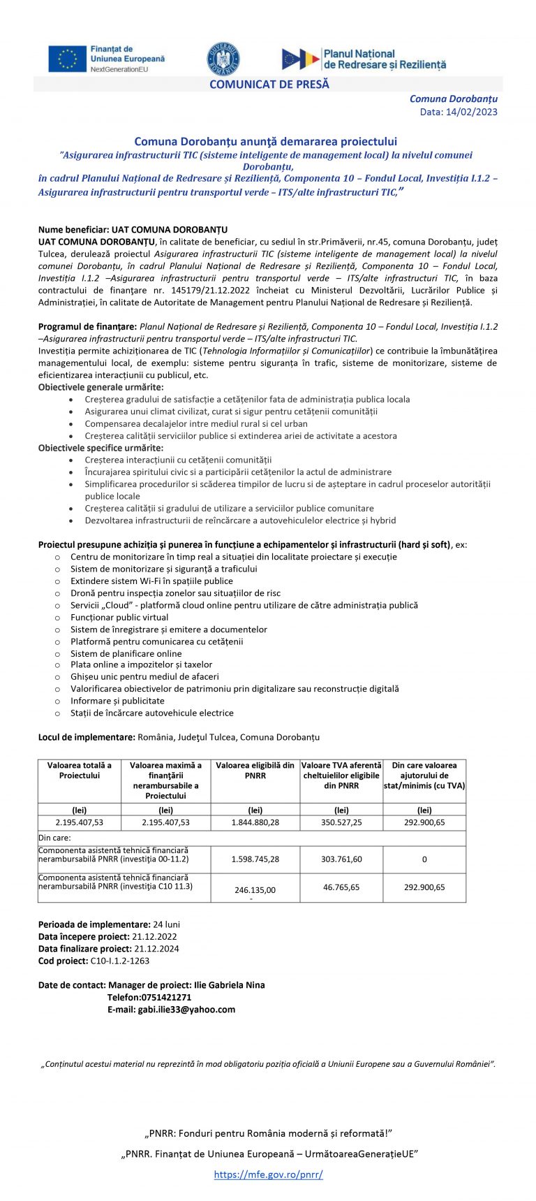 Comunicat de presă UAT COMUNA DOROBANȚU