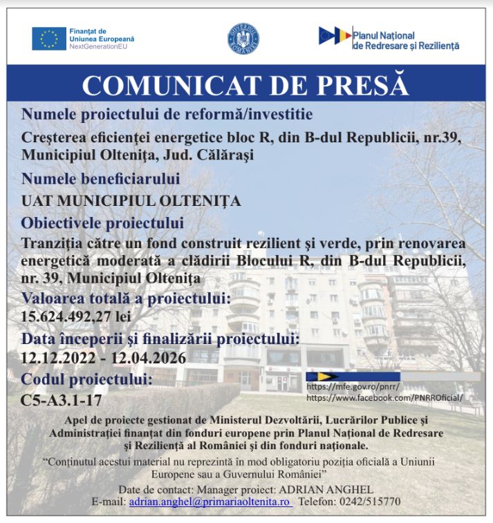 Comunicat de presă UAT MUNICIPIUL OLTENIŢA