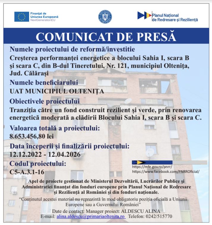 Comunicat de presă UAT MUNICIPIUL OLTENIŢA