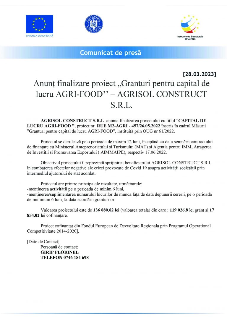 Comunicat de presă AGRISOL CONSTRUCT S.R.L