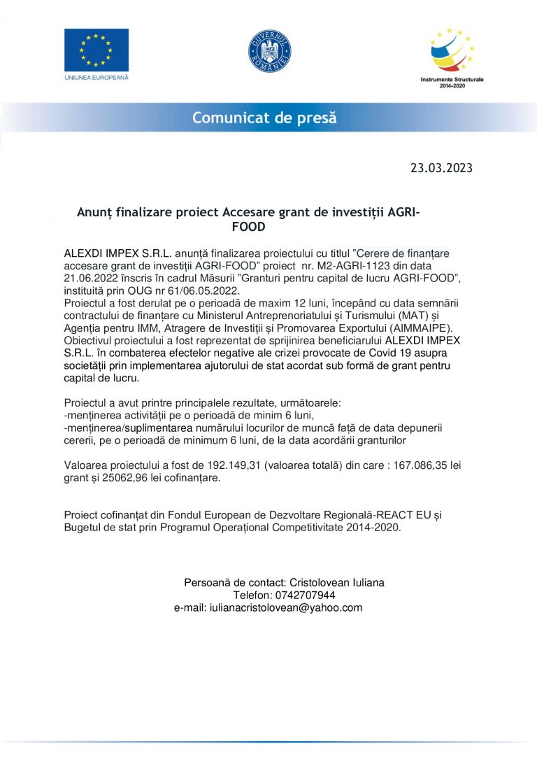 Comunicat de presă ALEXDI IMPEX S.R.L.