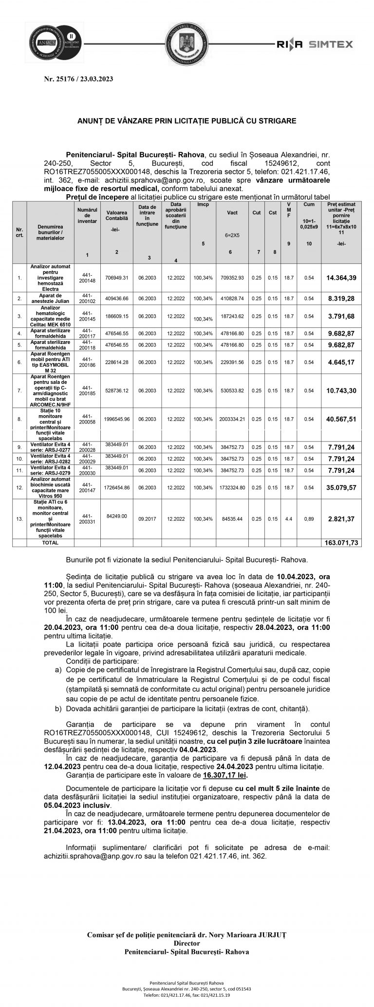 Anunț de vânzare prin licitație publică cu strigare Penitenciarul- Spital București- Rahova
