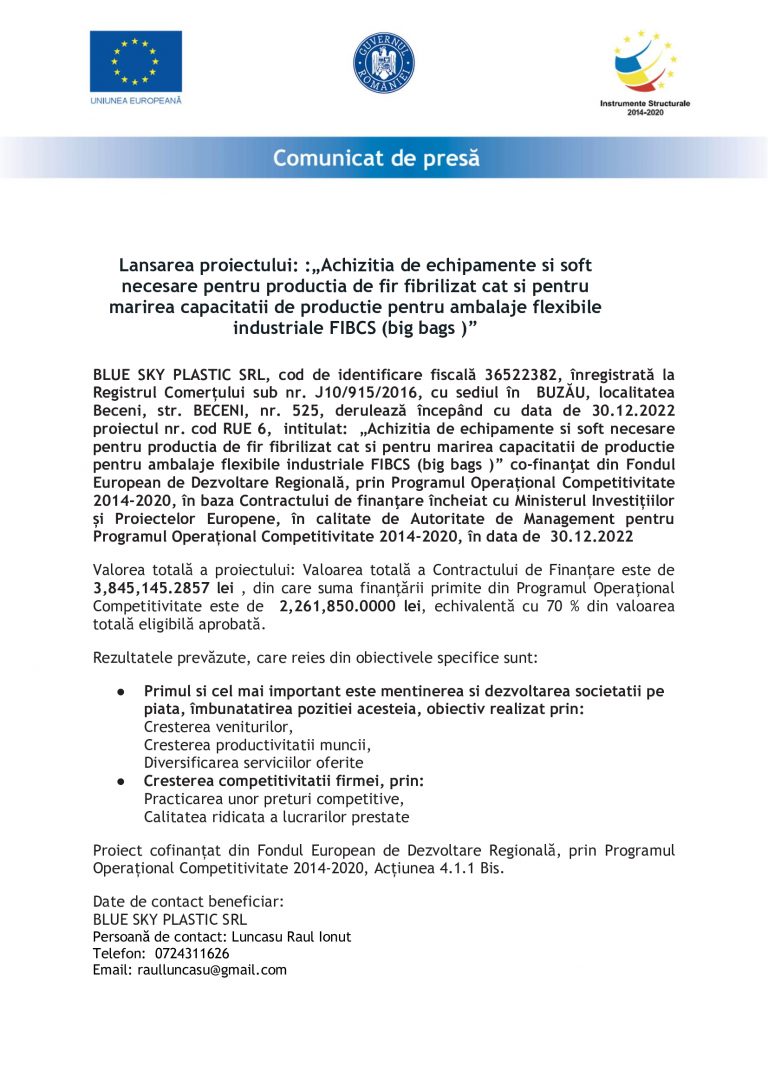 Comunicat de presă BLUE SKY PLASTIC SRL