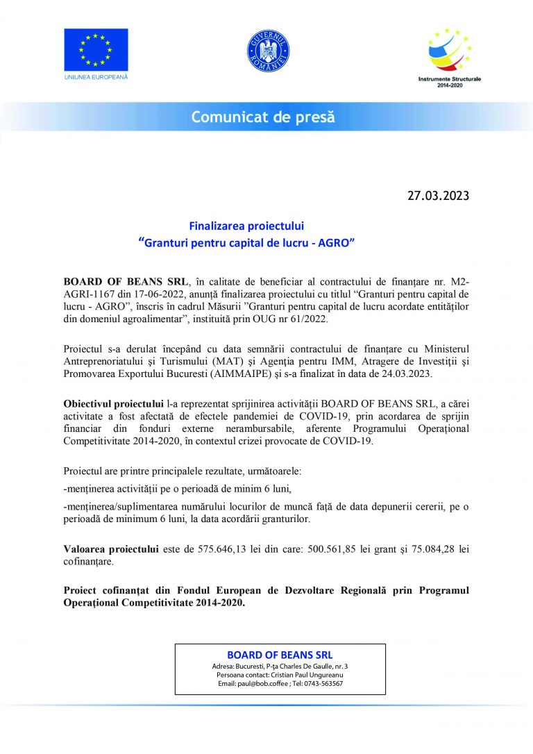 Comunicat de presă BOARD OF BEANS SRL