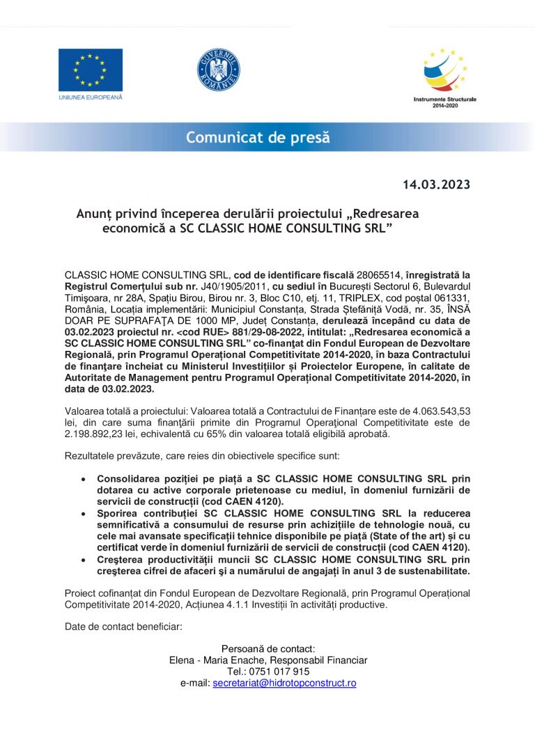 Comunicat de presă CLASSIC HOME CONSULTING SRL