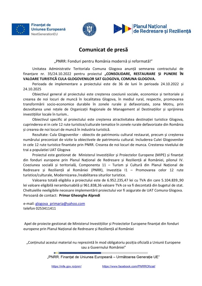 Comunicat de presă Comuna Glogova