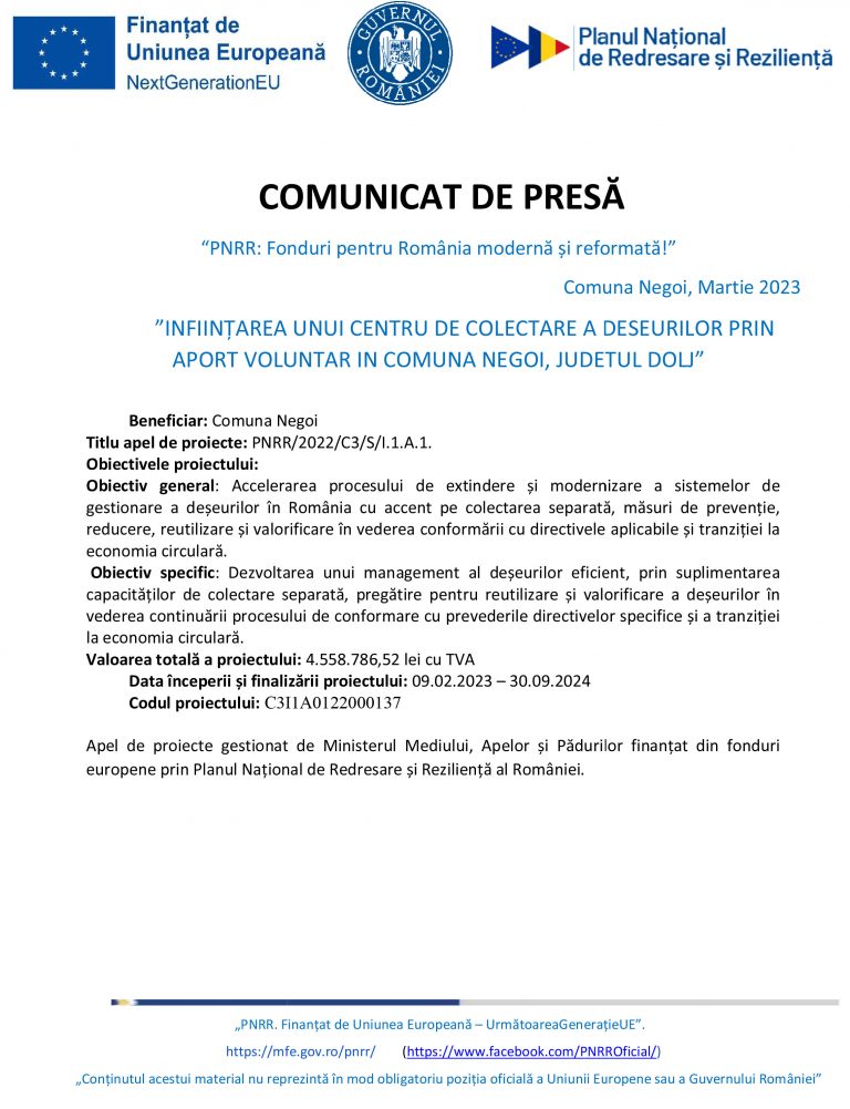 Comunicat de presă Comuna Negoi