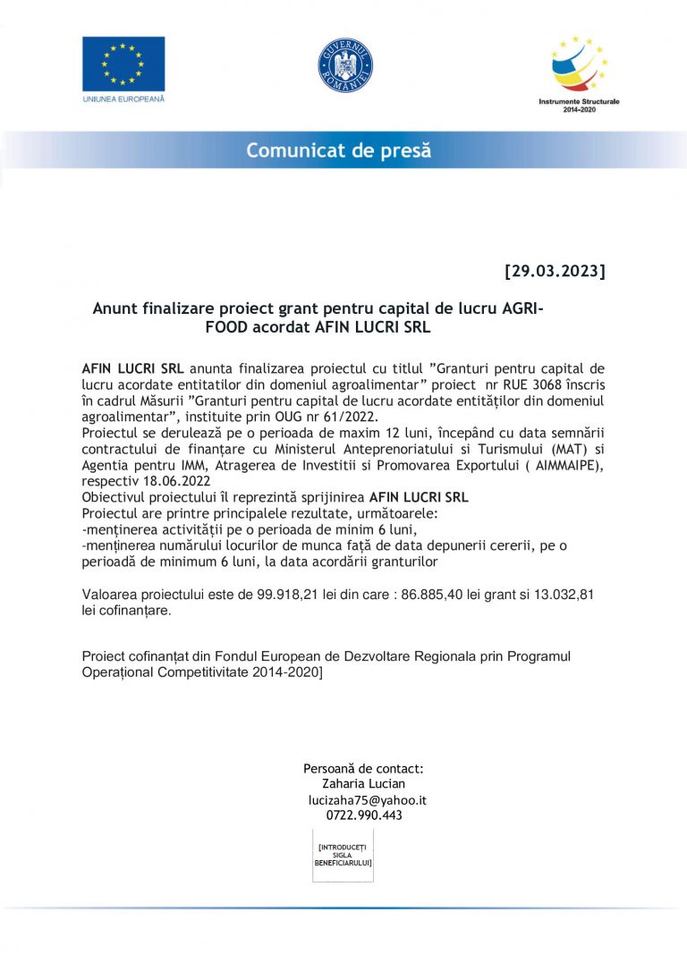 Comunicat de presa AFIN LUCRI SRL