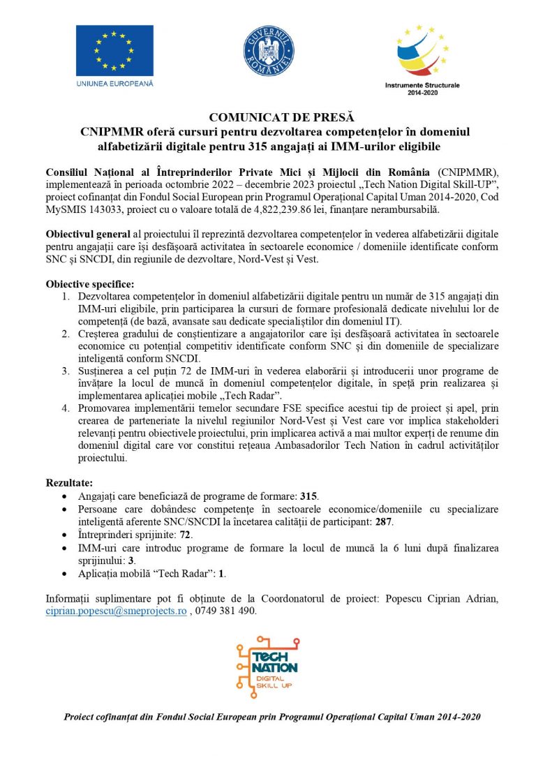 Comunicat de presa CNIPMMR